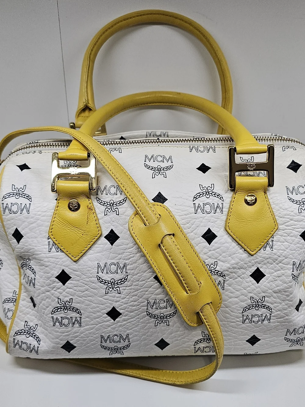 MCM White & Yellow Logo Satchel
